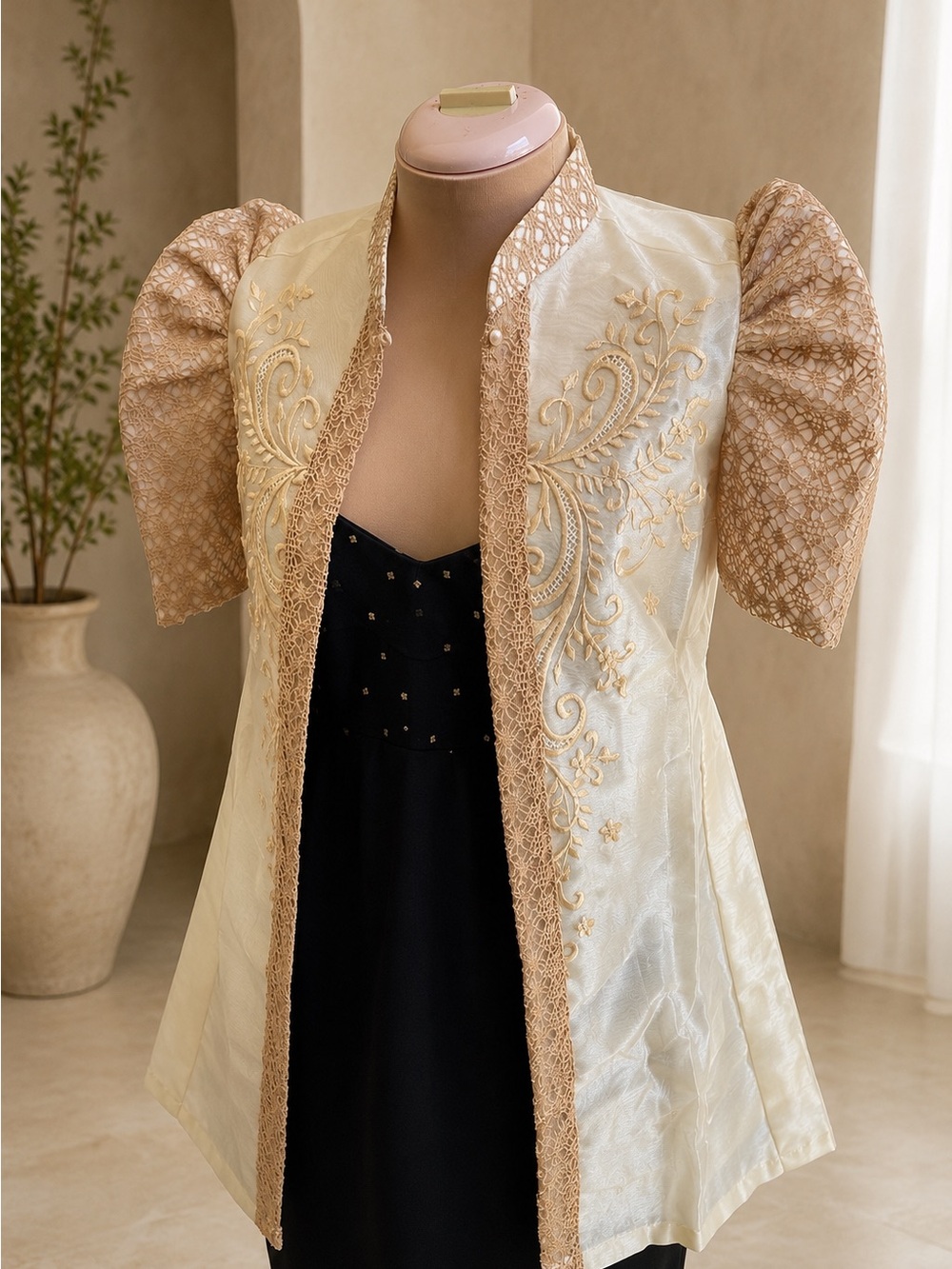 Filipiniana Long Bolero Embroidered Ivory and Tan Puff-Sleeve Blouse Jacket